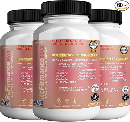 ReFirmanceMax Hair Growth Supplement, 60 Capsules, with Biotin 5000mcg, Vitamins B12, Calcium, Saw Palmetto, 30 Day Supply (3)