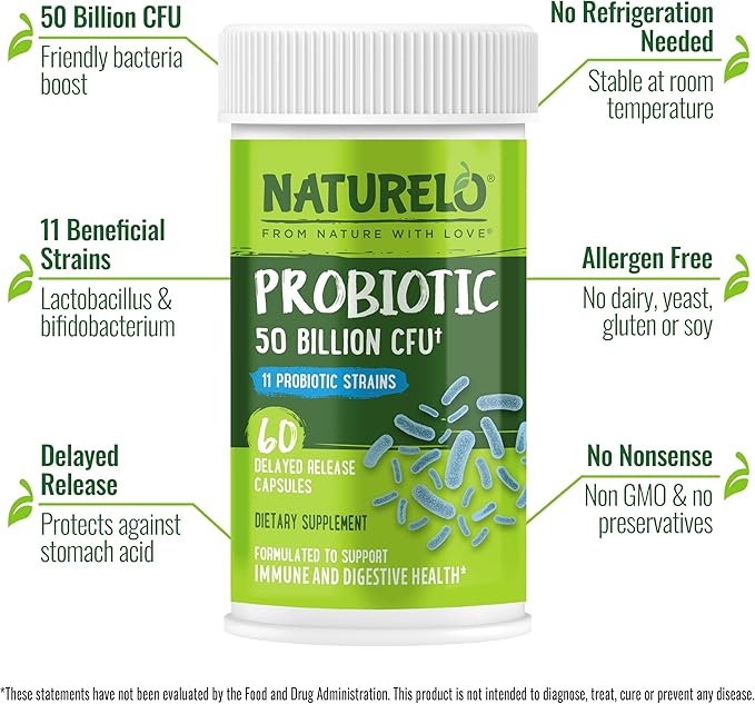 NATURELO Probiotics for Digestive Health - 50 Billion CFU, 11 Strains Daily Supplement - Boosts Immune System, Delayed Release, 60 Vegetarian Capsules