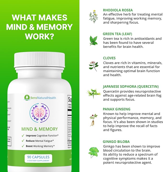 Ben's Natural Health Mind and Memory - Memory Supplement for Brain Health - Nootropic Brain Supplement for Men and Women - Ginkgo Biloba Green Tea Supplement for Focus and Memory (Pack of 6)