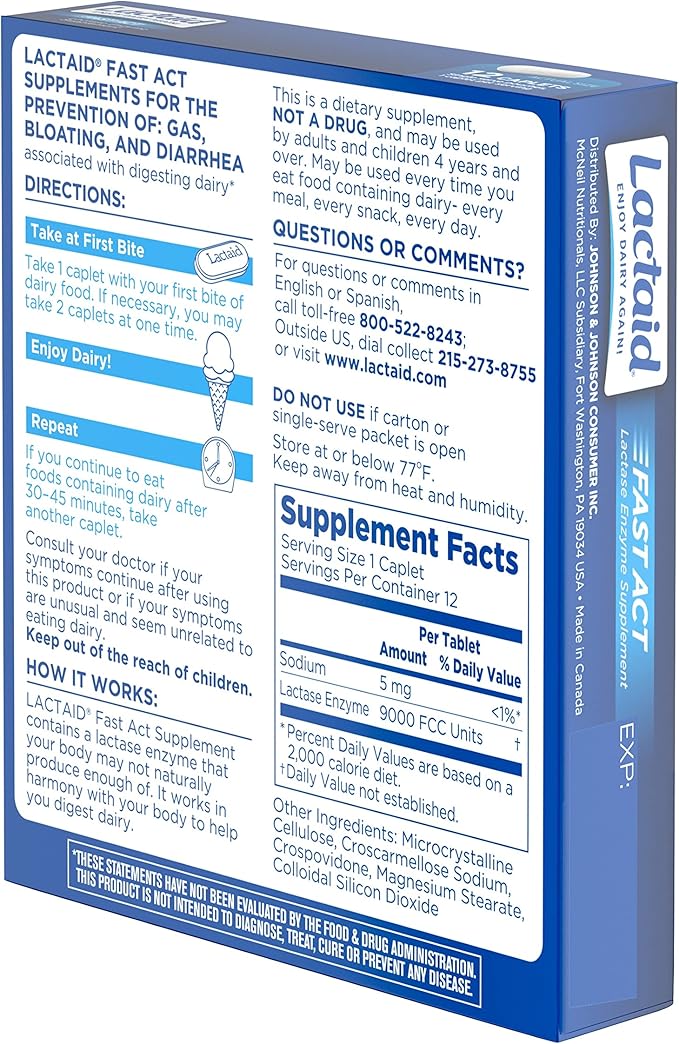 Lactaid Fast Act Lactose Intolerance Relief Caplets with Lactase Enzyme to Prevent Gas, Bloating & Diarrhea Due to Lactose Sensitivity, Ideal for Travel & On-The-Go, 12 Packs of 1-Count