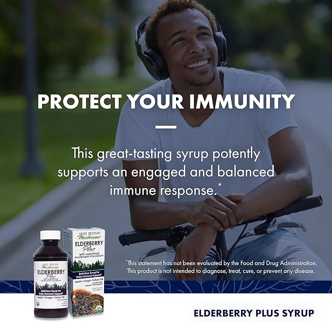 Host Defense Elderberry Plus Syrup - Immune, Respiratory & Lung Support Supplement* - Liquid Mushroom Supplement with Turkey Tail, Reishi, Agarikon & Chaga* - 4 fl oz (12 Servings)