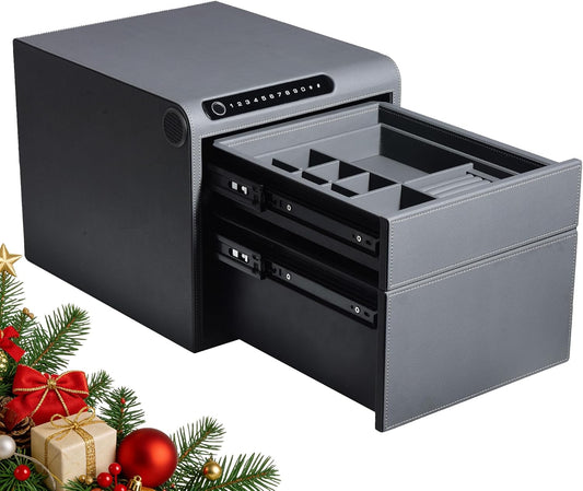 Jewelry Safe with Drawers，Biometric Fingerprint safe, Slide-Away Handgun Safe for Pistols, Leather Wrapped Jewelry Storage Safe, Digital Keypad & Quick-Access Drawer (Grey- 2 Drawer)