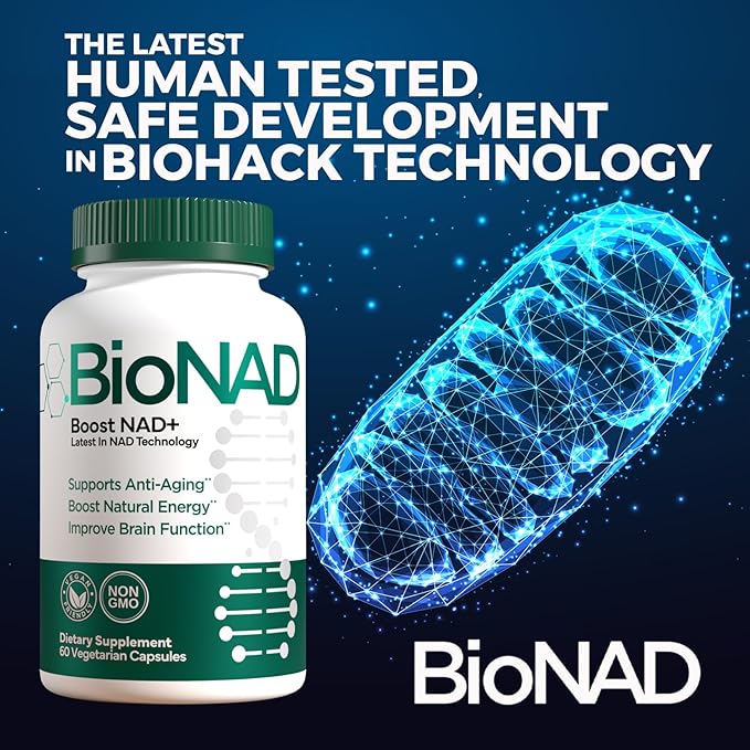 BioNAD NAD+ Natural Energy Booster - Boosts NAD+ - Supports Cardiovascular Health by lowering LDL Cholesterol - Anti Aging - Combats Inflammation induced Aging on a Cellular Level - Vegan/Non GMO