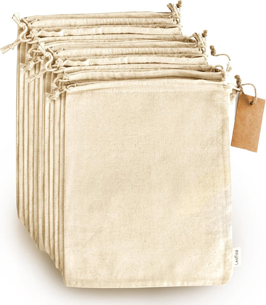 LEAFICO Organic Cotton Produce Bags - Medium 8x10 Inch (12 Bags) - Reusable Muslin Storage Bags with Drawstrings - Biodegradable Canvas Fabric - Perfect for Snacks, Clothes
