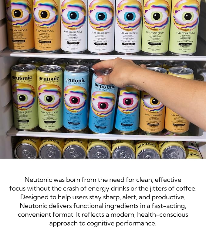 Neutonic Nootropic Productivity Energy Drink | Blue Raspberry 12 Cans | 120mg Natural Caffeine, Zero Sugar | Support Memory, Mental Clarity, Cognitive Function | Boost Focus, Energy, Brain Health
