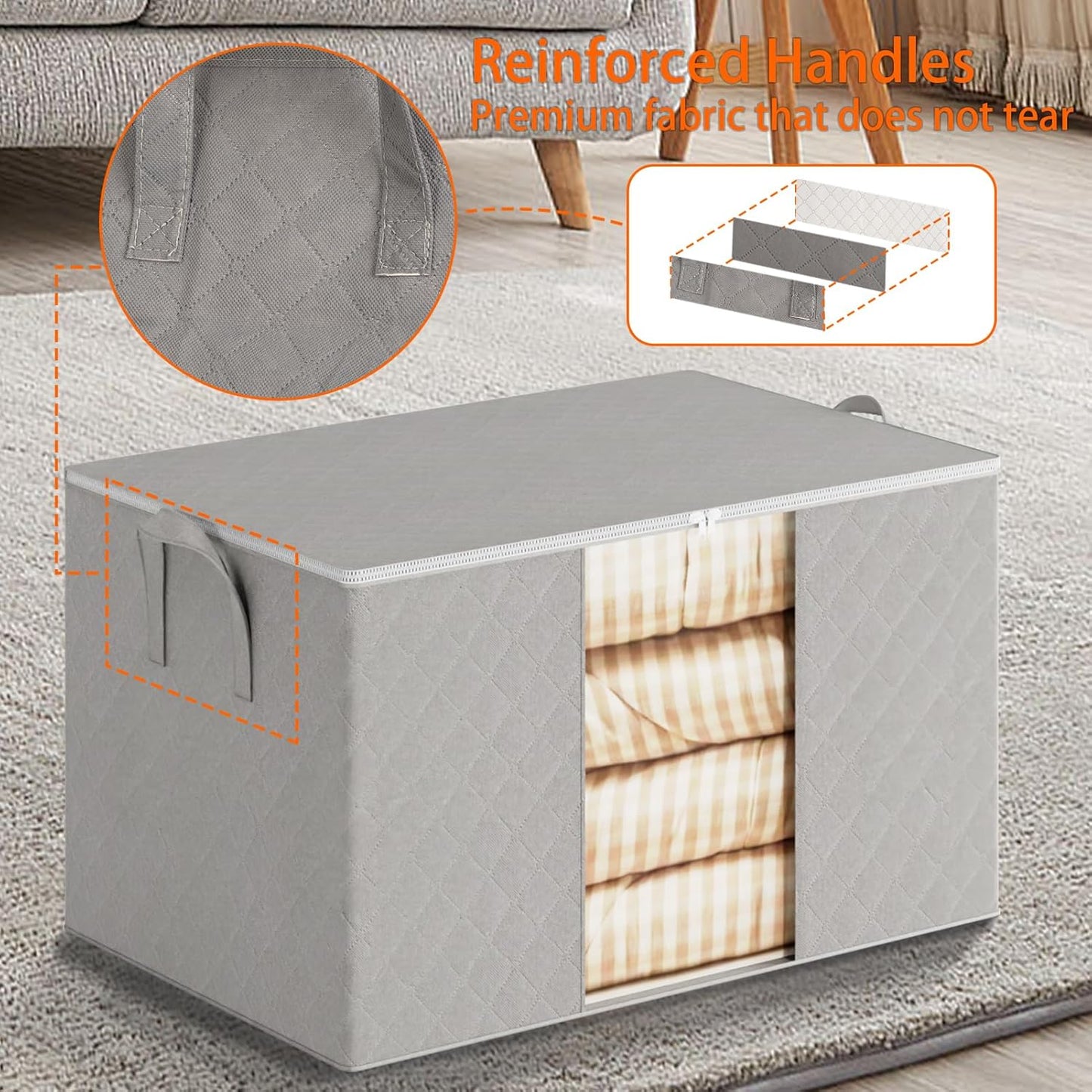 6 Pack Clothes Storage Bags - 90L Blanket Organizers and Storage for Closet Large Storage Bins with Lids and Zipper Storage Containers for King Comforter, Pillow and Sweater (Grey, 6 Pack)