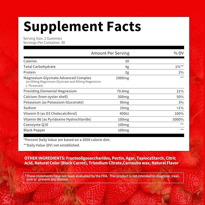 Magnesium Glycinate Gummies 1000mg - Sugar Free Magnesium Potassium Supplement with Vitamin D, B6, CoQ10 for Calm Mood & Sleep Support - 120 Strawberry Gummies