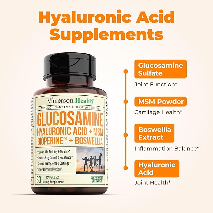 Glucosamine with Hyaluronic Acid, Black Pepper, MSM & Boswellia - 5-in-One Joint Support Supplement. Antioxidant & Inflammatory Support - Joint Health, Flexibility and Comfort. FSA Eligible 60 Caps