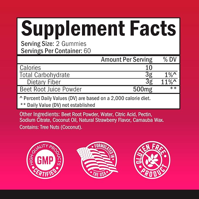 Sugar Free Beet Root Gummies - Nitric Oxide Gummies Infused with Coconut Oil for Highest Absorption - Supports Energy & Whole Body Health - Delicious Strawberry Flavor - 120 Count (60 Day Supply)