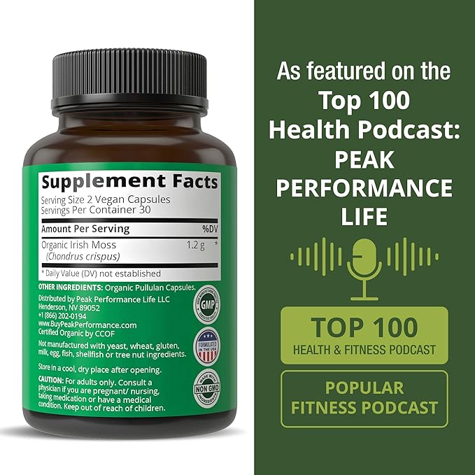 Organic Sea Moss Capsules. Wild Harvested Sea Moss Raw Organic Vegan Supplement from Red Algae Seaweed. 100% Whole Extract Raw Irish SeaMoss Superfood Pills. for Gut, Respiratory, Immune Support.