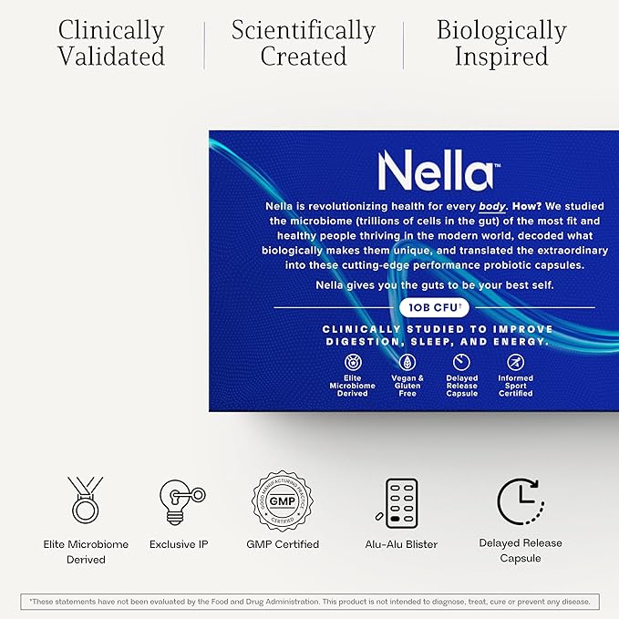 Nella Gut Health Supplements for Women & Men (30 Capsules), Energy Boosting Probiotics for Digestive Health, 3 Strains, Daily Probiotic Pills, Supports Workout & Recovery