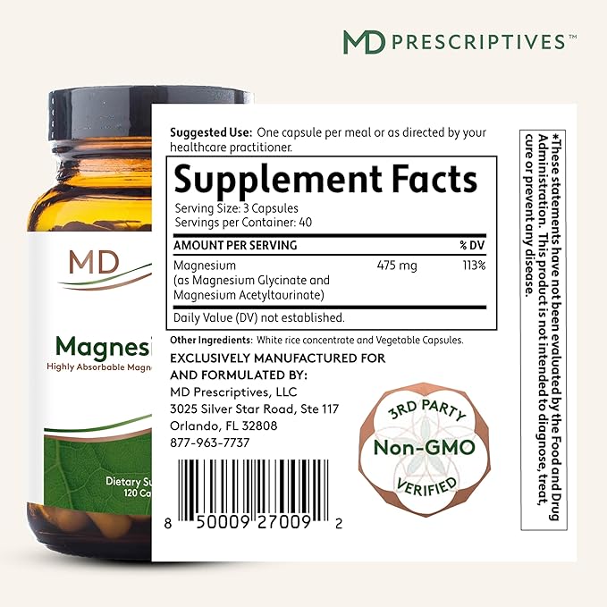 Magnesium MD - Highly Absorbable Dietary Magnesium Supplement with Glycinate & Acetyl Taurinate - 120 Capsules