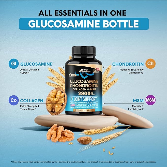 Glucosamine Chondroitin MSM Collagen | Joint Support Supplement 2800 mg | Made in USA | FSA Approved Product Items | Flexibility Nutritional Vitamins | for Men & Women, 240 Capsules