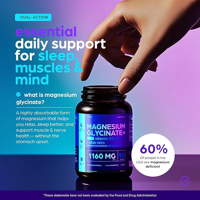 Magnesium Glycinate 1160mg + Aloe Vera, D3 & K2 Complex 90 Capsules – High Absorption, Non-Laxative – Supports Healthy Stress Response, Muscle Function & Healthy Metabolism Chelated Formula