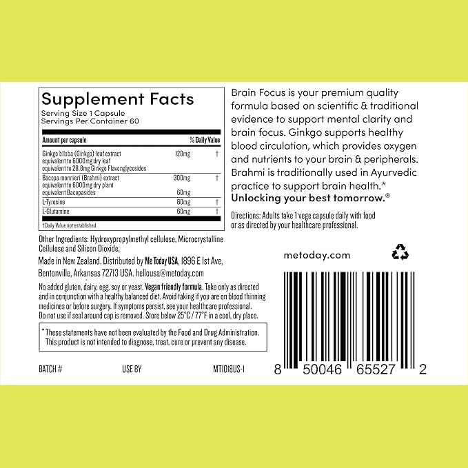 me today – Brain Focus Supplement for Adults, Contains Ginkgo & Brahmi for Mental Clarity, 60 Vegan Friendly Capsules