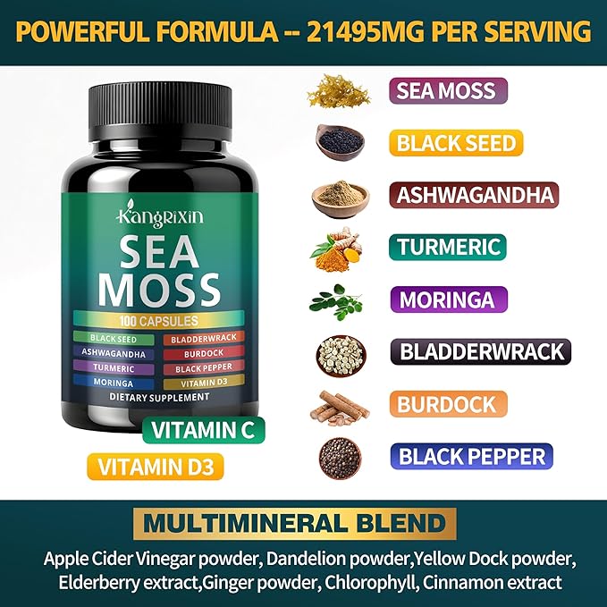 Sea Moss Capsules with Black Seed Oil, Ashwagandha for Immune System, Skin, Energy Sea Moss Supplement