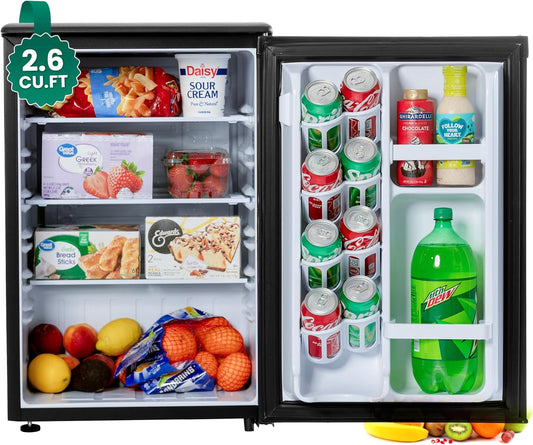 roomwell E-Star 2.6 Cu Ft Mini Fridge without Freezer - Black Mini Fridge AUTO DEFROST, Reversible Single Door, Glass Shelf Refrigerator - A Space-Saving Marvel for Your Bedroom, Dorm, and Office