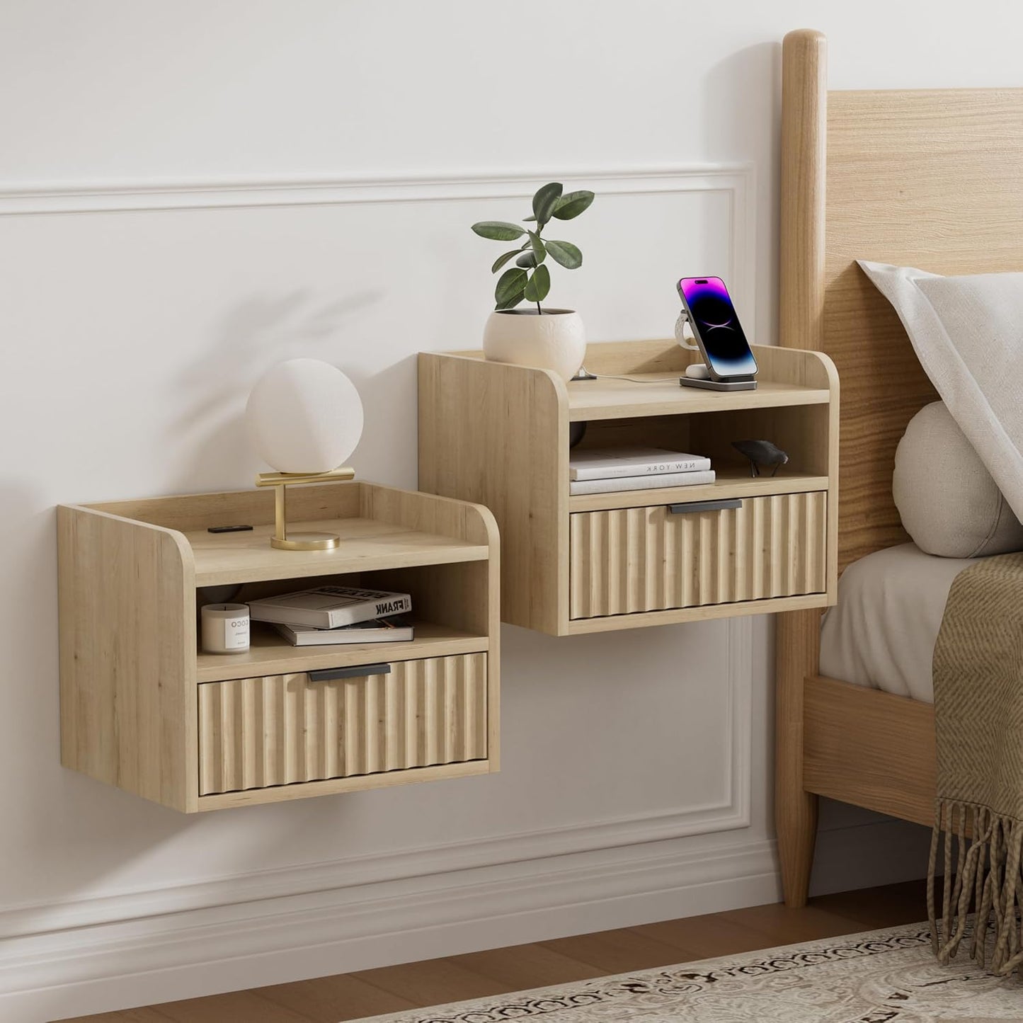 Fluted Floating Nightstands Set of 2 with Drawer, Modern Small Wall Mounted Storage Night Stand with Charging Station, Wood Bedside Table USB C & USB A Ports, Light Oak