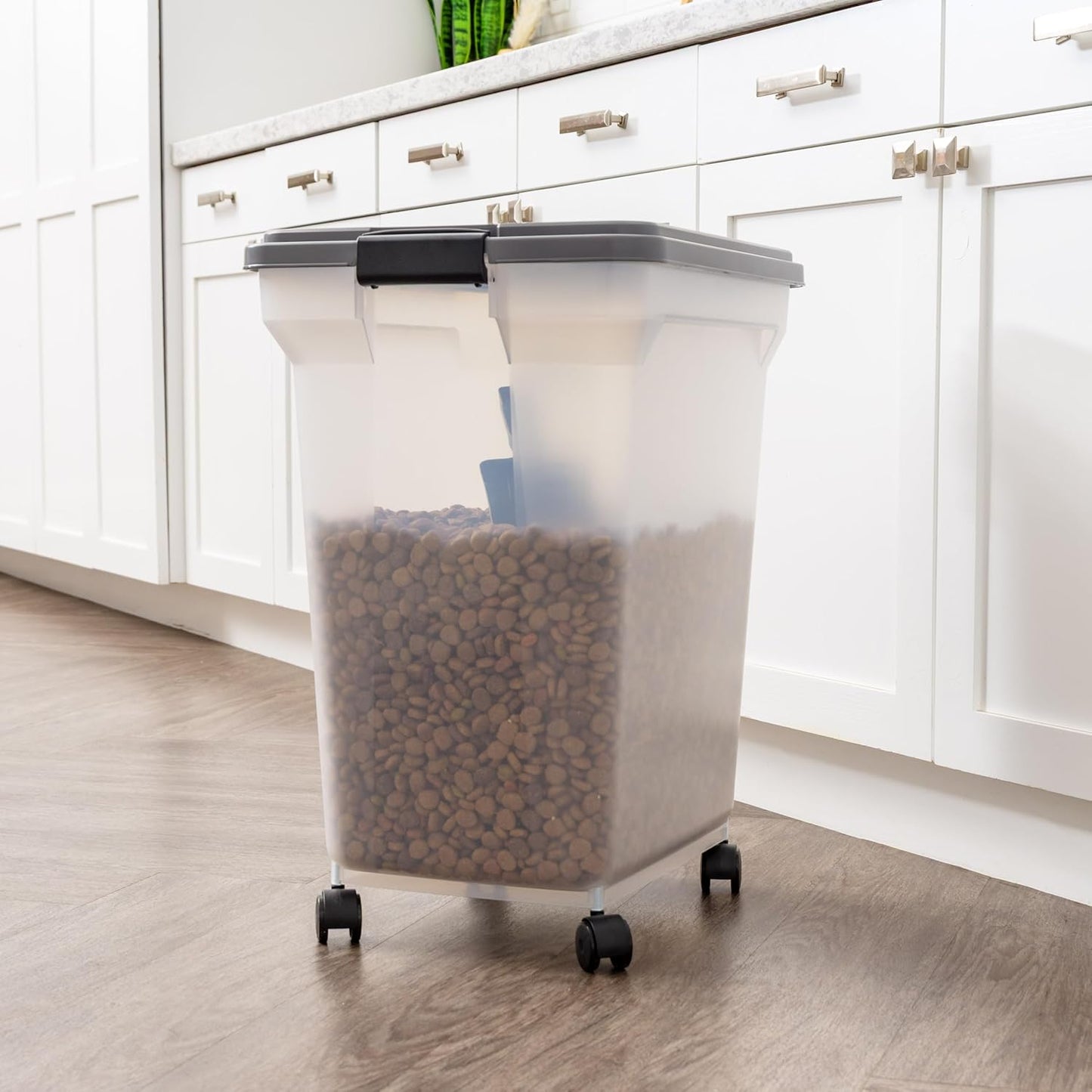 IRIS USA Dog Food Storage Container 58 lbs, Attachable Wheels, & Included Scoop, for Dog Cat Birds and other Pets, Food Storage Bin, Keep Fresh, Easy Mobility, BPA Free - Made in the USA, Dark Gray