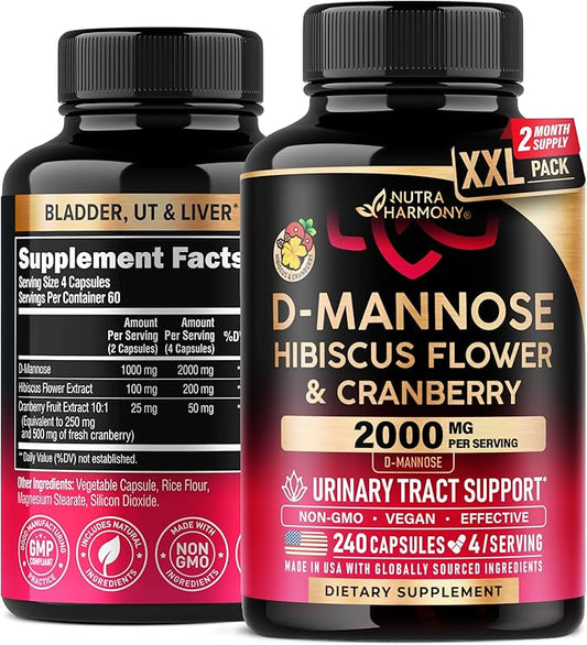 D-Mannose 2000mg with Cranberry & Hibiscus - Clinically Tested Strength for Urinary Tract Health - Supplement for Women - Bladder, Liver & Microflora Support - Made in USA - Vegan, 240 Capsules