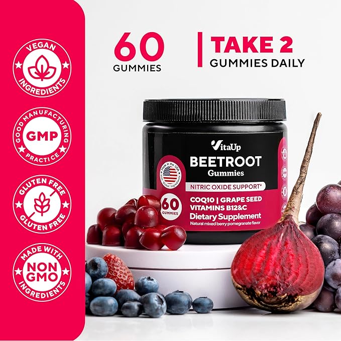 Beet Root Gummies – Beet Gummies – Red Beets Supplements with Beetroot, Grape Seed, Coq10, Vitamin C & B12 – 60 Beet Chews