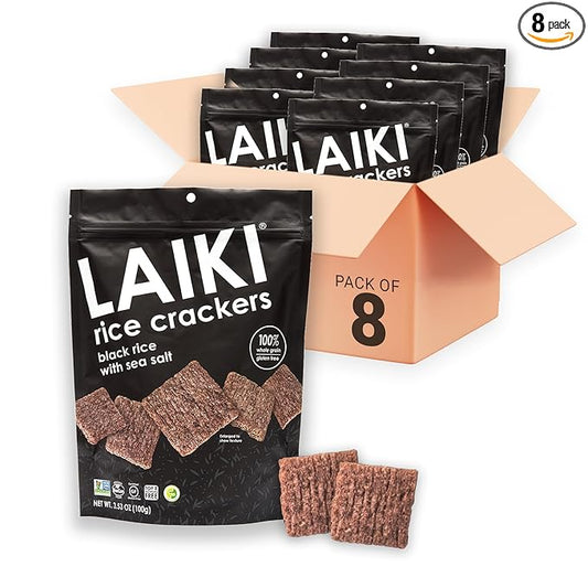 Gluten Free Rice Crackers - Seed-Oil Free - Snacks - Low Sodium Crackers Crunch - Allergen-Friendly , Vegan, Non-GMO Verified, FODMAP Friendly, Black Rice Simply Sea Salt flavor - 3.53 Oz Bag (Pack of 8)