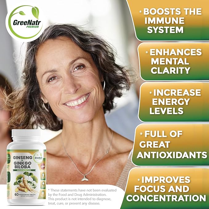 Ginko Biloba & Panax Ginseng Supplement - Red Ginseng for Memory and Focus - Ginkgo Biloba for Good Vision, Immune System and Improved Blood Flow (360 Tablets: 6 Bottles)