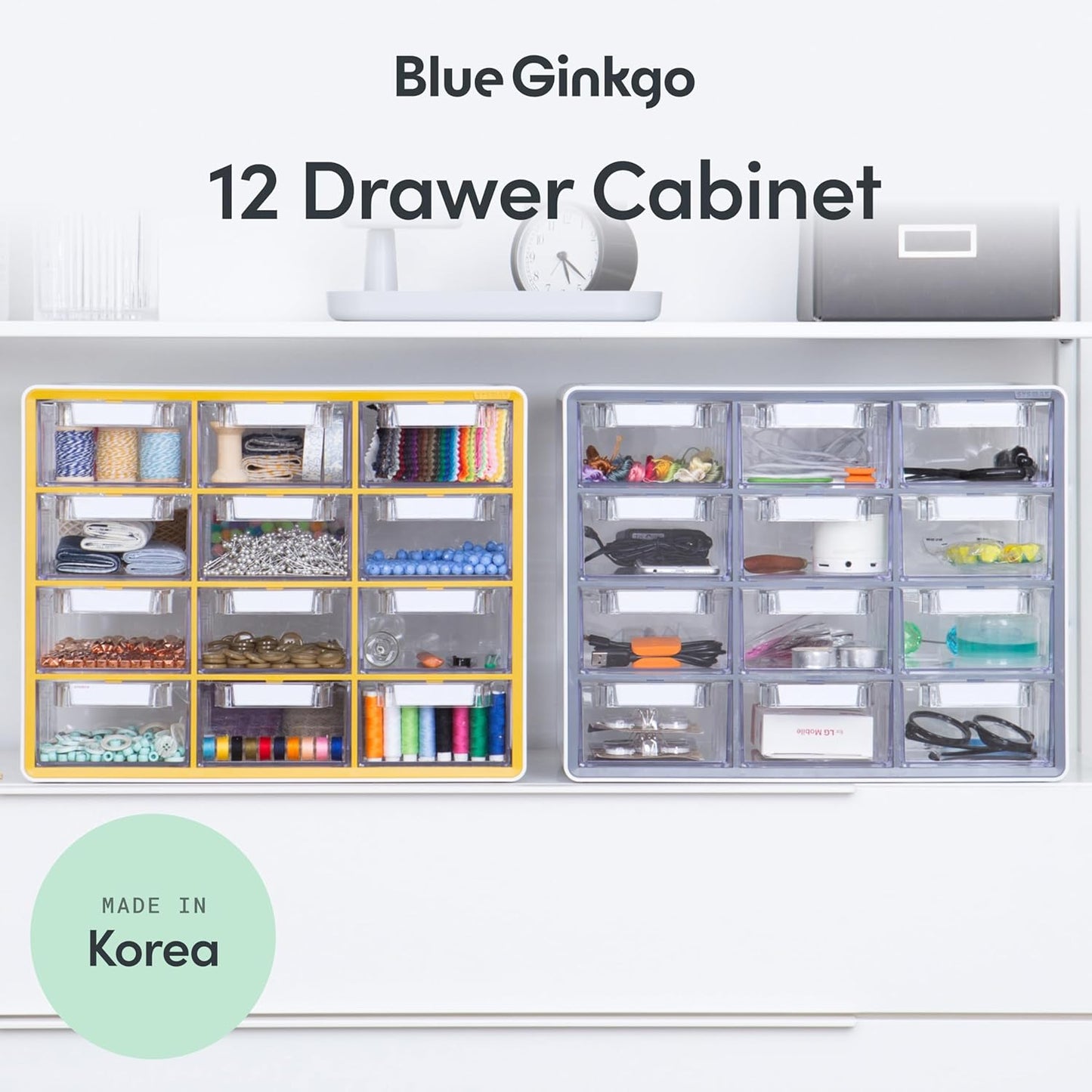 Blue Ginkgo Large 12-Drawer Cabinet – Stackable Clear Organizer for Hardware, Beads, Plastic Bricks, Office, and Craft Storage (Made in Korea, Gray)