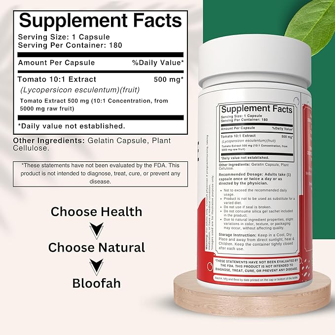Lycopene Tomato Extract 500mg Capsules | Natural Lycopene Rich Herbal Supplement | Naturally-Occurring Carotenoid | 100% Pure, Non-GMO & Gluten Free Formula - 180 Count
