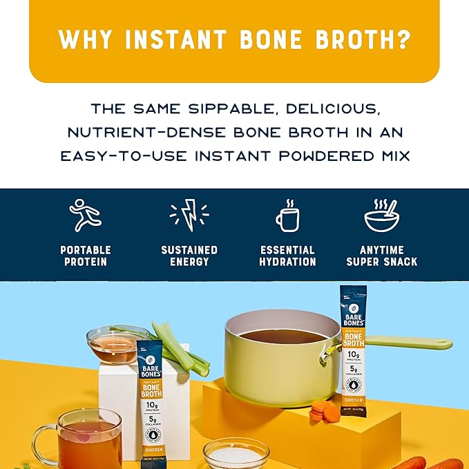 Bare Bones Chicken Bone Broth Instant Powdered Mix | Rich Savory Packets on-the-Go No Artificial Flavors | Keto & Paleo Friendly | 10g Protein | 16 Pack