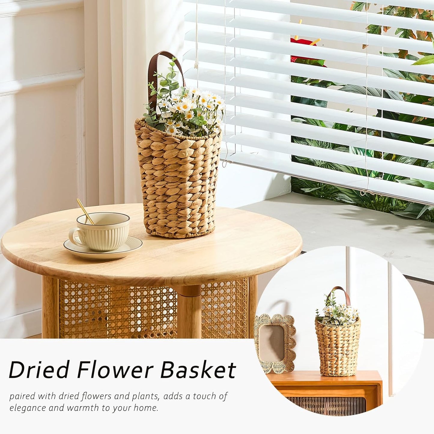Handwoven Front Door Basket Water Hyacinth Wall Hanging Basket Decorative Boho Mounted Organizer for Dried Flower Plants Storage Basket for Garden, Home, and Farmhouse Décor