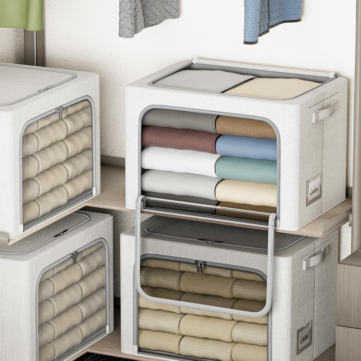 4 Pack Clothes Storage Bins with Metal Frame - 36L Stackable Storage Box with Lid，Foldable Storage Container Organizer for Clothes，Linen Fabric Storage Box with Clear Window＆Zippers＆Handles