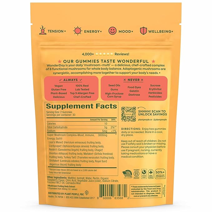 Plant People WonderDay Mushroom Gummies - Lion’s Mane, Cordyceps, Chaga Mushroom Supplement to Support Immune System De-Stress Boost Mood & Energy in Adults Natural, Vegan, Non-GMO (60 Count)