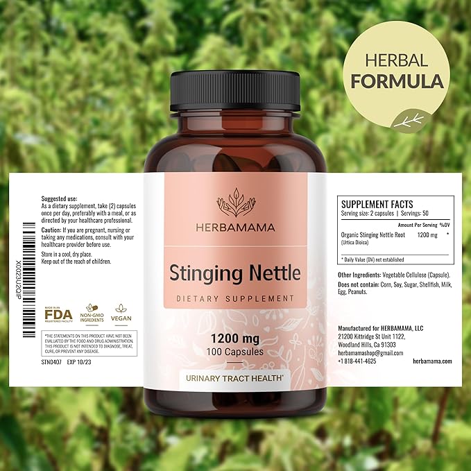 HERBAMAMA Stinging Nettle Capsules - 1200mg Stinging Nettle Root Extract for Urinary Tract Support - Vegan, Non-GMO Urtica Dioica Supplement, 100 Caps