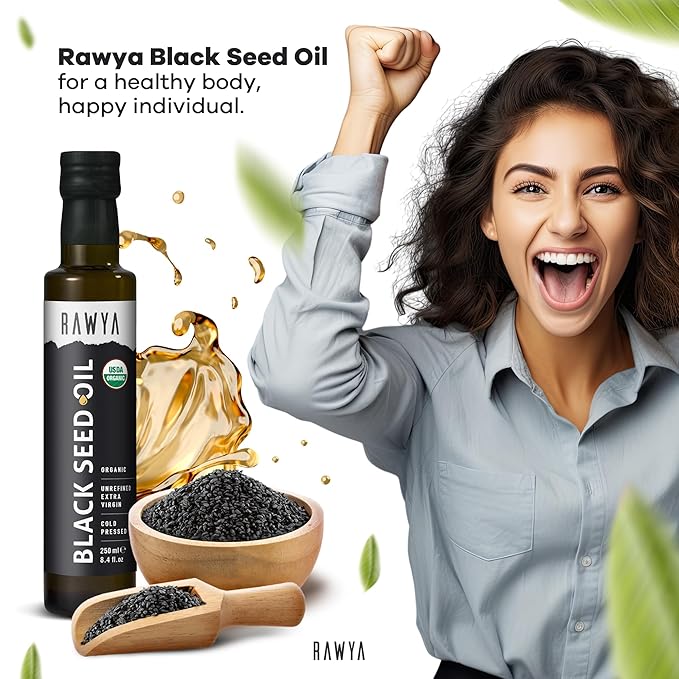 RAWYA Black Seed Oil - USDA Organic Certified - Cold Pressed - 8.4 Fl oz - Extra Virgin - Turkish Black Cumin Seed - Premium Nigella Sativa with Thymoquinone - Kalonji - Non-GMO, Gluten-Free - Nutritional Supplements - Extra Strong Taste