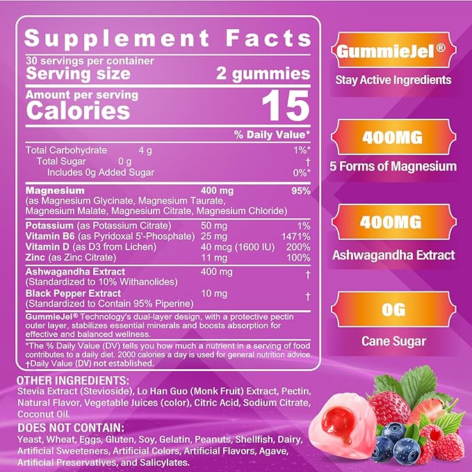 Sugar-Free Magnesium Gummies 400mg | 5-in-1 Complex Magnesium: Glycinate, Citrate, Malate, Chloride & Taurate | with Ashwagandha, Vitamin D3 & Zinc | Muscle, Mood & Energy Support | Vegan, 2-Pack