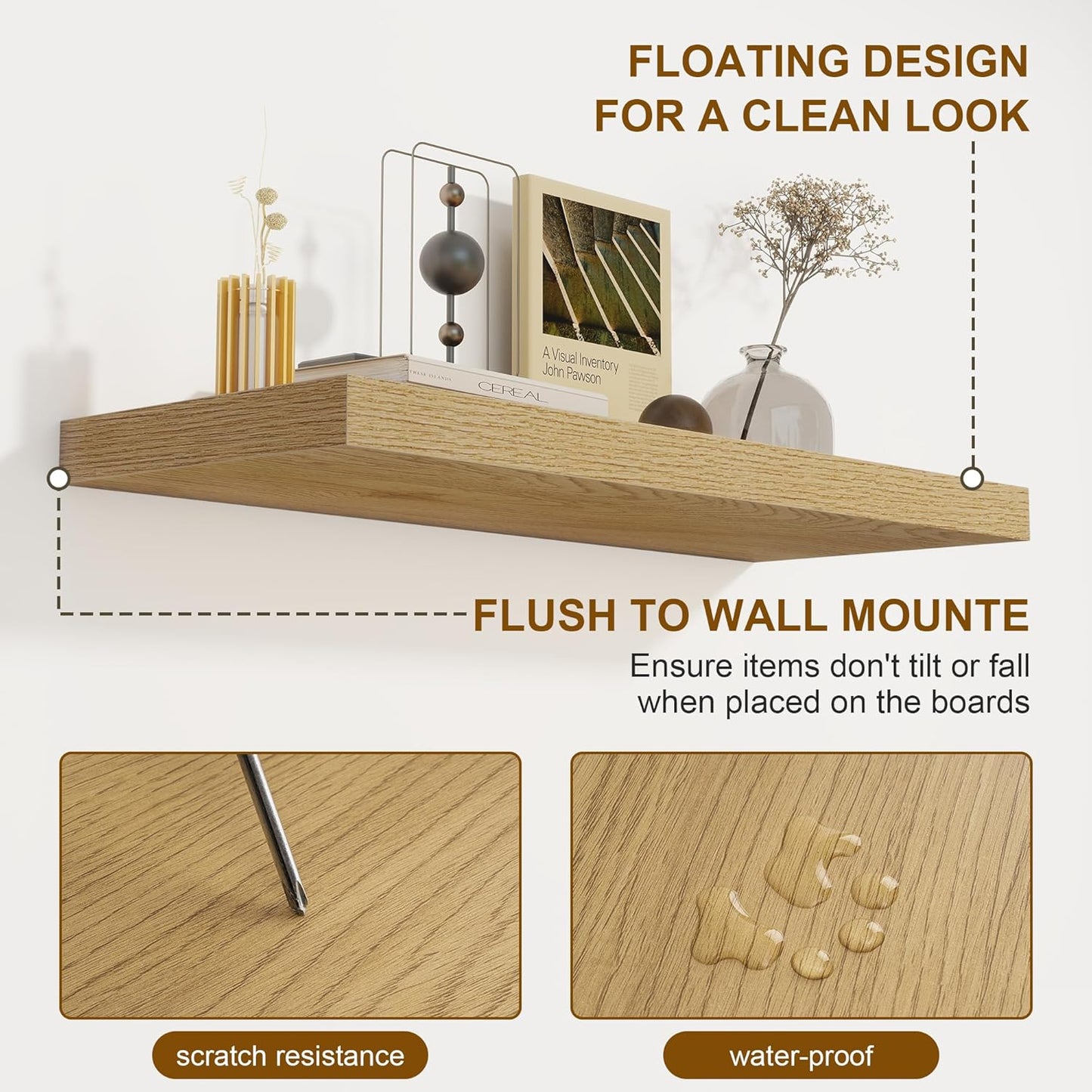 Fun Memories 55 Inch Floating Shelves for Wall 2 Pack Shelves for Bedroom|Kitchen|Bathroom Wall Mounted Rustic Wood Floating Shelf with Invisible Brackets for Books|Storage|Decor, Oak