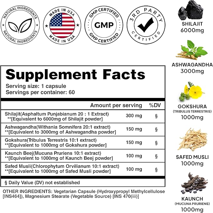 Pure Himalayan Shilajit Capsules for Men with Ashwagandha, Gokshura & Safed Musli - Extra Strength Organic Shilajit and Ashwagandha Supplement - Tribulus (Gokshura) for Men's Vitality