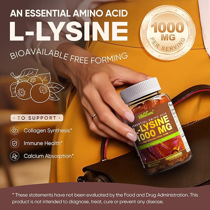 L-Lysine 1000mg/500mg Cold Sore Gummies for Adults & Kids 9+ | w/Vitamin D3, K2, C, Zinc & Magnesium | Chewable Lysine Gummy Amino Acid Supplements for Lips, Immune & Bone Health, Sugar Free, 120Cts