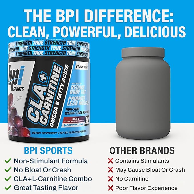 BPI Sports CLA+Carnitine – CLA L Carnitine & Linoleic Acid – L Carnitine Supplement for Weight Loss, Metabolism & Lean Muscle – Caffeine Free – Grape – 50 Servings – 12.34 oz