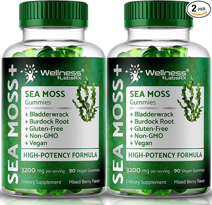 Sea Moss Gummies, 3200mg Irish Sea Moss Mixed Berry Flavor with Maximum Potency Bladderwrack and Burdock Root - Supports Skin, Energy and Immunity - 180 Count