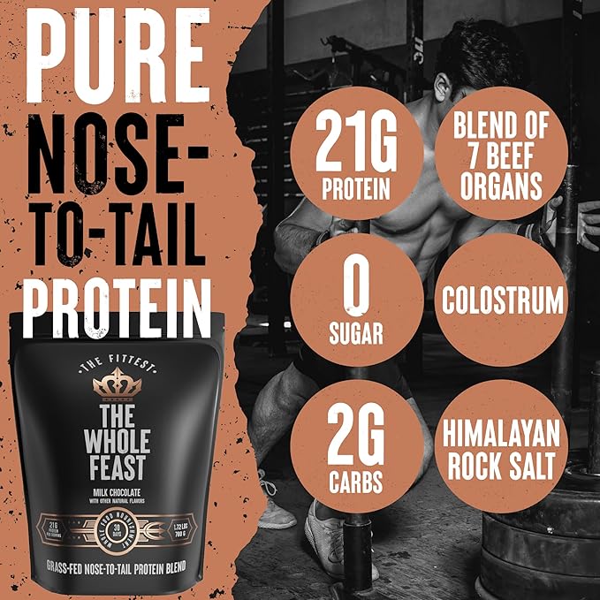 The Fittest Whole Feast Beef Protein Powder - Milk Chocolate - Grass Fed Nose to Tail Carnivore Blend Including Liver, Colostrum and Whole Bone - BCAAs - 14g Collagen, 21g Total Protein