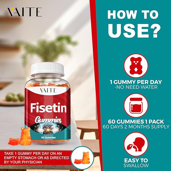 Fisetin Supplements 500mg - Gummy Supplement, Powerful Antioxidant Blend for Cellular Health Support - Vegan & Non-GMO Formula with Flavonoids & Plant Extracts, Boost Cognitive Function, 60 Gummies