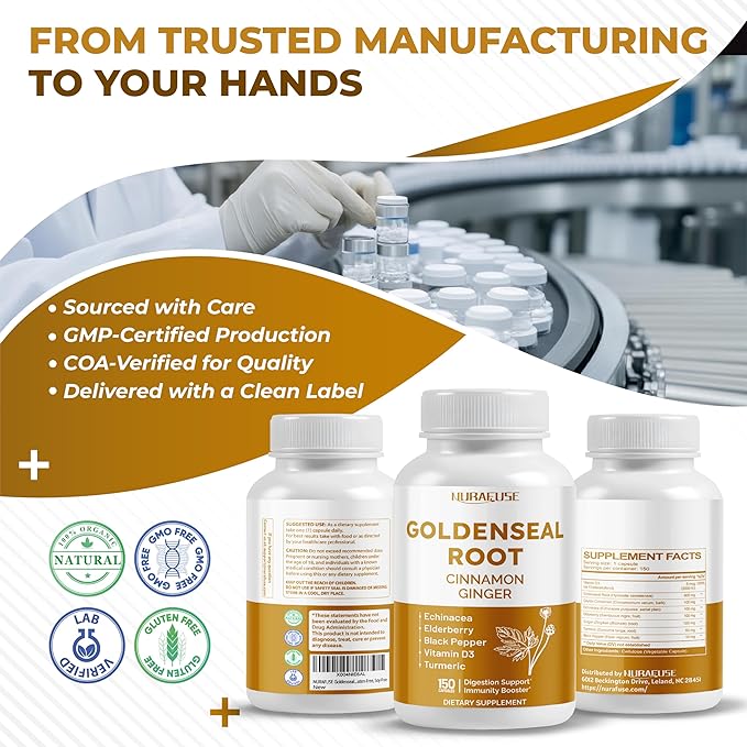 Goldenseal Root 8-in-1 Formula - with Cinnamon Ginger Echinacea Elderberry Black Pepper Vitamin D3 - Non-GMO, Gluten-Free, Soy-Free