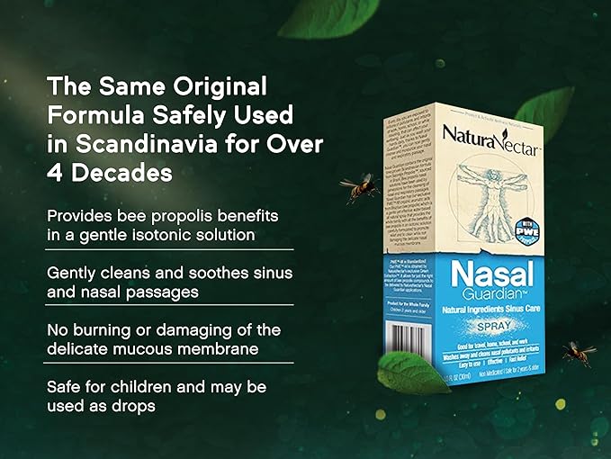 NaturaNectar - Bee Propolis Nasal Spray Saline Sinus Rinse & Relief - Pure Brazilian Propolis and Ingredients - Gentle and No Burning Sensation - Nasal Guardian - Ethical Beekeeping - 1 FL Oz - 1 Pack