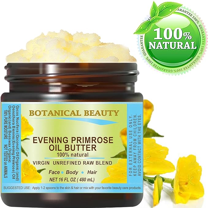 Botanical Beauty EVENING PRIMROSE OIL BUTTER Pure Natural Virgin Unrefined RAW for FACE, SKIN, BODY, DAMAGED HAIR, NAILS. (16 Fl Oz)