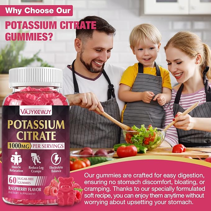 Potassium Citrate Gummies, High Potassium Supplement (1000mg), Supports Leg Cramps & Muscle Health, Suitable for Adults & Kids, Vegan, Non-GMO, 60-Count