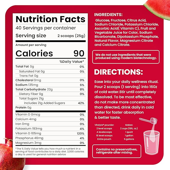 Vitalyte Electrolyte Powder Drink Mix, Isotonic Electrolyte Hydration Mix, Gluten Free Post Workout Powder Mix, Pack of 2, 35 oz. Each, Fruit Punch Flavor
