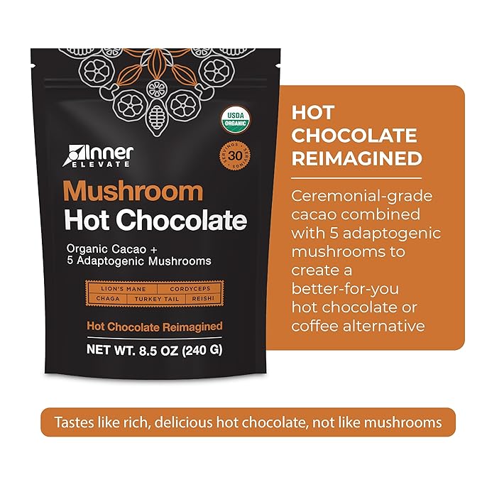 Organic Mushroom Hot Chocolate - Ceremonial Cacao with 5 Mushrooms (Lion's Mane, Cordyceps, Chaga, Reishi, Turkey Tail) - Great as a Coffee Alternative, Hot Chocolate, or Smoothie (30 Servings)