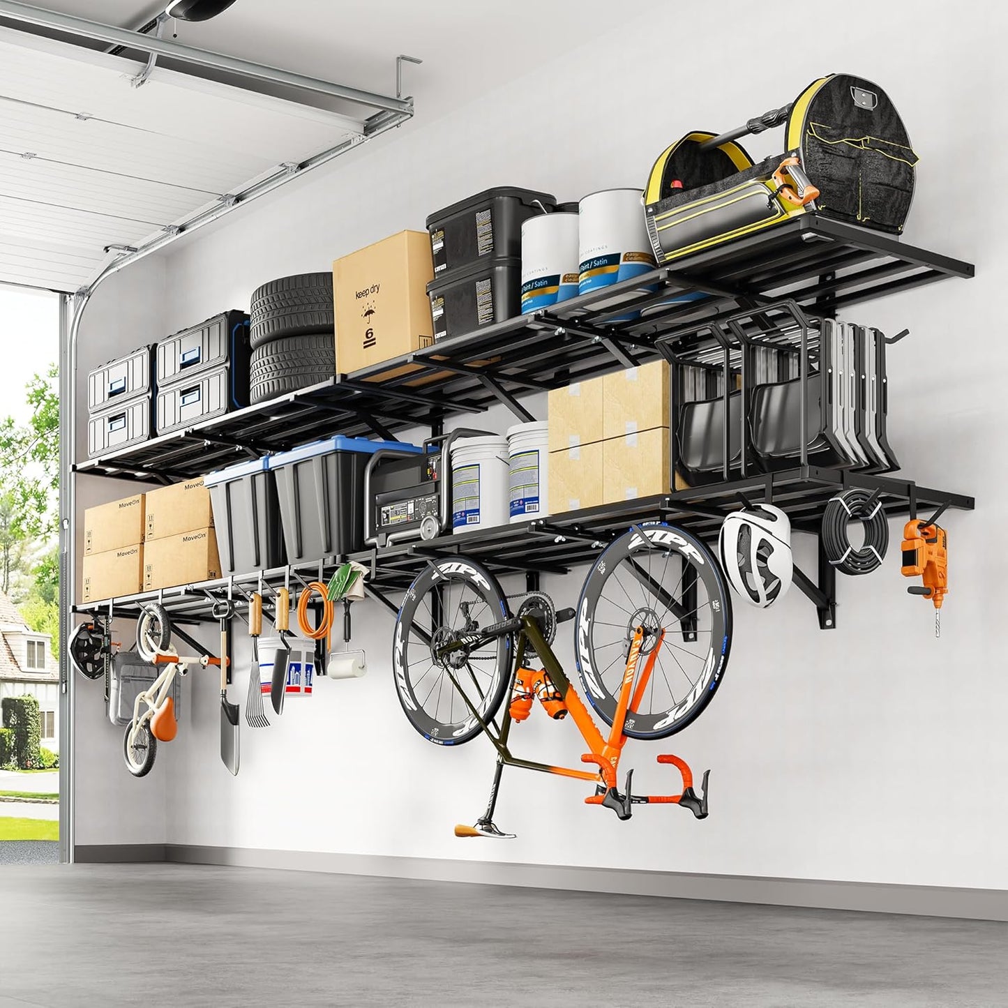 FLEXIMOUNTS 4-Pack 2x6ft Heavy Duty Garage Wall Shelving, 800lbs Capacity, Garage Shelving Wall Mounted with 8 Hooks, Storage for Power Tools, Garden Supplies, Storage Bins, Lite Series